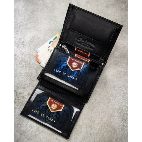 Zestaw prezentowy: skórzany, pionowy portfel męski w czarnym kolorze bez zapięcia i czarny pasek ze skóry ekologicznej - Peterso