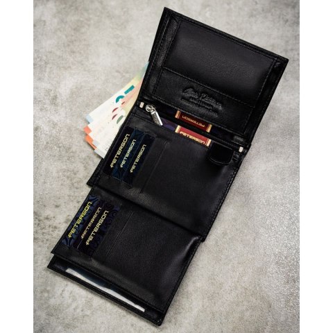 Zestaw prezentowy: skórzany, pionowy portfel męski w czarnym kolorze bez zapięcia i czarny pasek ze skóry ekologicznej - Peterso