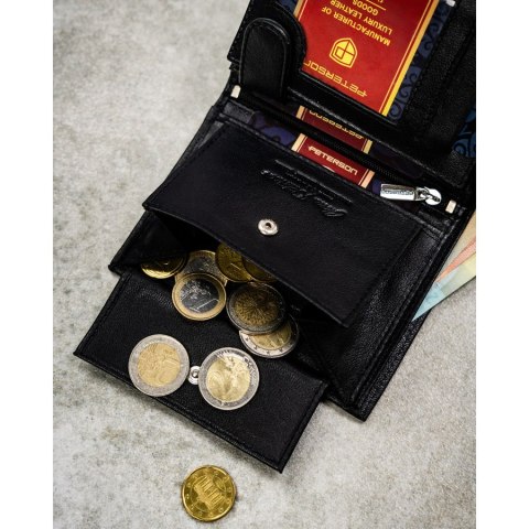 Zestaw prezentowy: skórzany, pionowy portfel męski w czarnym kolorze bez zapięcia i czarny pasek ze skóry ekologicznej - Peterso