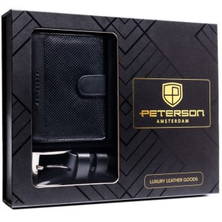 Zestaw prezentowy: skórzany, pionowy portfel męski w czarnym kolorze i czarny pasek ze skóry ekologicznej - Peterson