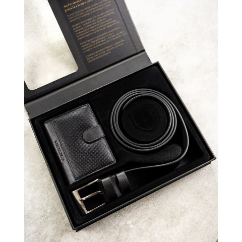 Zestaw prezentowy: skórzany, pionowy portfel męski w czarnym kolorze i czarny pasek ze skóry ekologicznej - Peterson