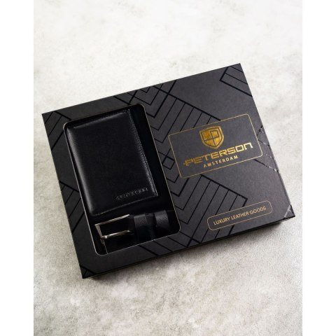 Zestaw prezentowy: skórzany, pionowy portfel męski w czarnym kolorze z systemem RFID i pasek ze skóry ekologicznej - Peterson