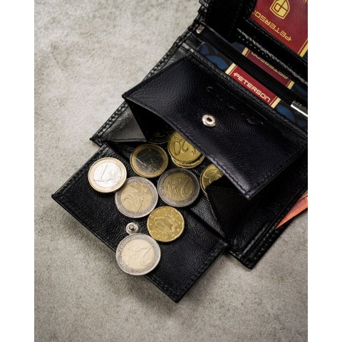 Zestaw prezentowy: skórzany, pionowy portfel męski w czarnym kolorze z systemem RFID i pasek ze skóry ekologicznej - Peterson