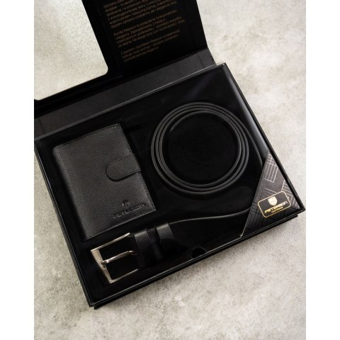 Zestaw prezentowy: skórzany, pionowy portfel męski w czarnym kolorze z systemem RFID i pasek ze skóry ekologicznej - Peterson