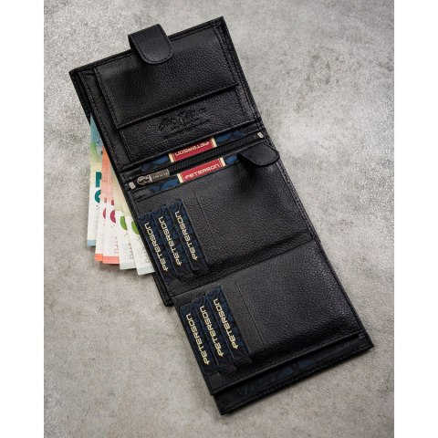 Zestaw prezentowy: skórzany, pionowy portfel męski w czarnym kolorze z systemem RFID i pasek ze skóry ekologicznej - Peterson