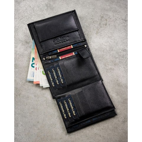 Zestaw prezentowy: skórzany, pionowy portfel męski w czarnym kolorze z systemem RFID i pasek ze skóry ekologicznej - Peterson