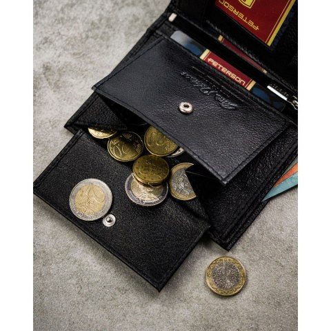 Zestaw prezentowy: skórzany, pionowy portfel męski w czarnym kolorze z systemem RFID i pasek ze skóry ekologicznej - Peterson