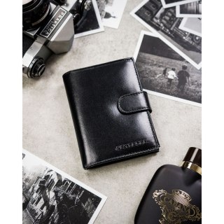 Zestaw prezentowy: skórzany, pionowy portfel męski w czarnym kolorze z systemem RFID i pasek ze skóry naturalnej - Peterson