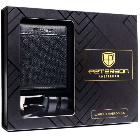 Zestaw prezentowy: skórzany portfel męski w czarnym kolorze bez zapięcia i czarny pasek ze skóry ekologicznej - Peterson