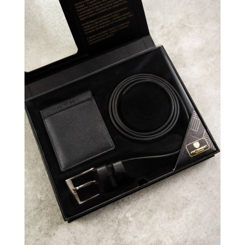 Zestaw prezentowy: skórzany portfel męski w czarnym kolorze bez zapięcia i czarny pasek ze skóry ekologicznej - Peterson