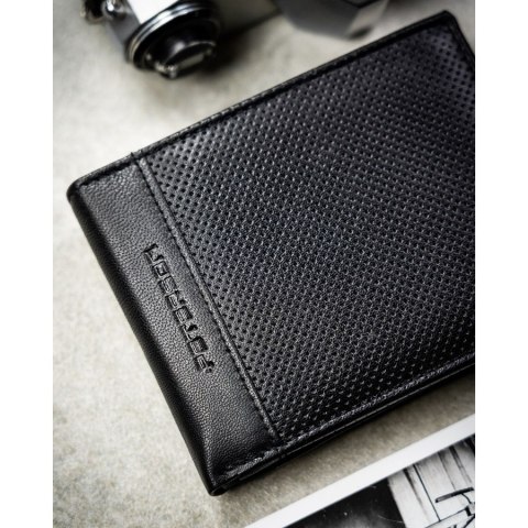 Zestaw prezentowy: skórzany portfel męski w czarnym kolorze bez zapięcia i czarny pasek ze skóry ekologicznej - Peterson