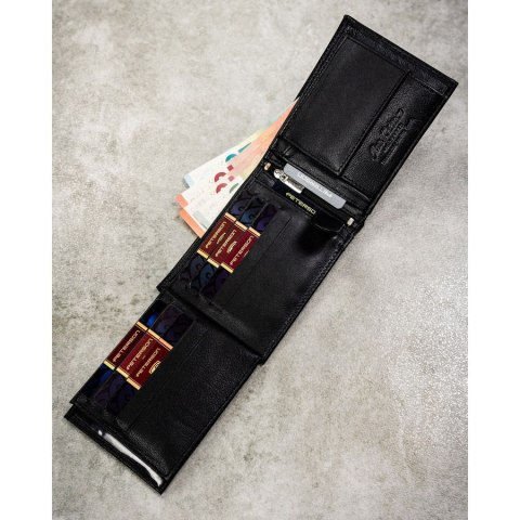 Zestaw prezentowy: skórzany portfel męski w czarnym kolorze bez zapięcia i czarny pasek ze skóry ekologicznej - Peterson