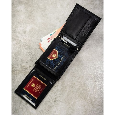 Zestaw prezentowy: skórzany portfel męski w czarnym kolorze bez zapięcia i czarny pasek ze skóry ekologicznej - Peterson