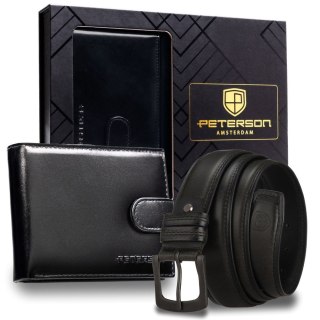 Zestaw prezentowy: skórzany portfel męski w czarnym kolorze i czarny pasek ze skóry naturalnej - Peterson