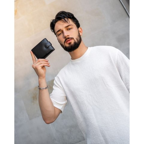 Zestaw prezentowy: skórzany portfel męski w czarnym kolorze i czarny pasek ze skóry naturalnej - Peterson