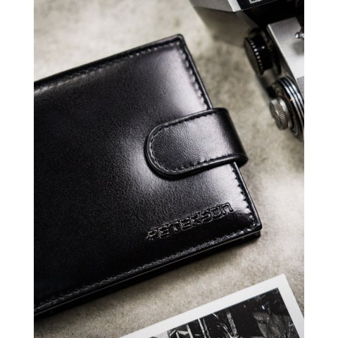 Zestaw prezentowy: skórzany portfel męski w czarnym kolorze i czarny pasek ze skóry naturalnej - Peterson