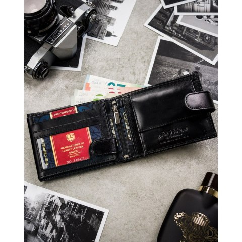 Zestaw prezentowy: skórzany portfel męski w czarnym kolorze i czarny pasek ze skóry naturalnej - Peterson