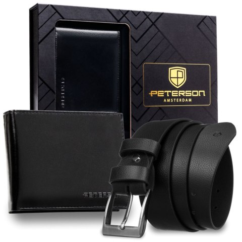 Zestaw prezentowy: skórzany portfel męski w czarnym kolorze z systemem RFID i pasek ze skóry ekologicznej - Peterson