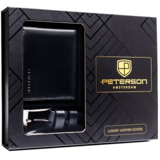 Zestaw prezentowy: skórzany portfel męski w czarnym kolorze z systemem RFID i pasek ze skóry ekologicznej - Peterson