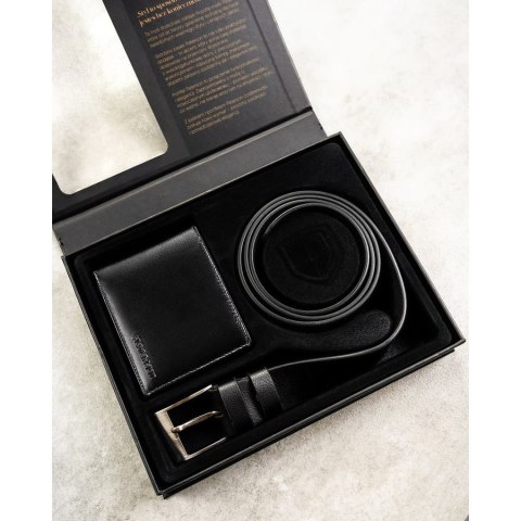 Zestaw prezentowy: skórzany portfel męski w czarnym kolorze z systemem RFID i pasek ze skóry ekologicznej - Peterson