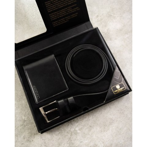Zestaw prezentowy: skórzany portfel męski w czarnym kolorze z systemem RFID i pasek ze skóry ekologicznej - Peterson