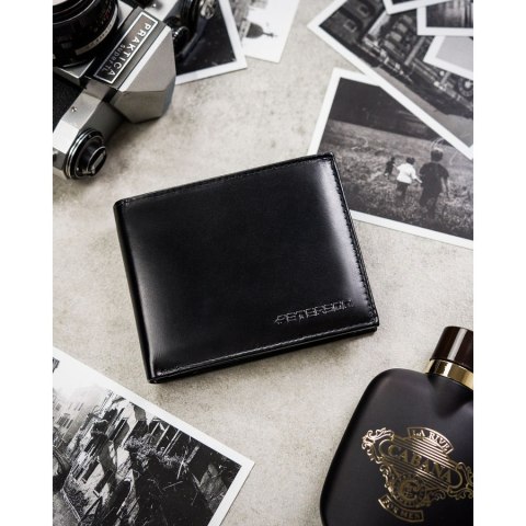 Zestaw prezentowy: skórzany portfel męski w czarnym kolorze z systemem RFID i pasek ze skóry ekologicznej - Peterson