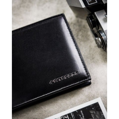 Zestaw prezentowy: skórzany portfel męski w czarnym kolorze z systemem RFID i pasek ze skóry ekologicznej - Peterson