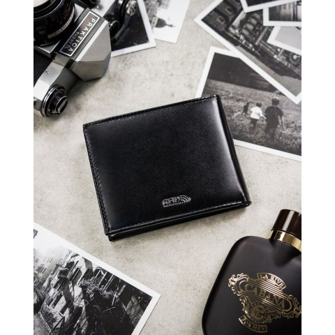 Zestaw prezentowy: skórzany portfel męski w czarnym kolorze z systemem RFID i pasek ze skóry ekologicznej - Peterson