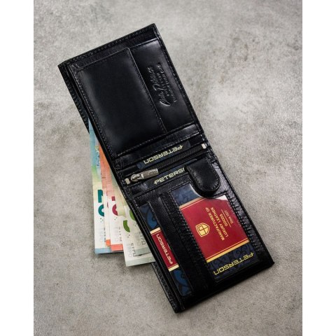 Zestaw prezentowy: skórzany portfel męski w czarnym kolorze z systemem RFID i pasek ze skóry ekologicznej - Peterson