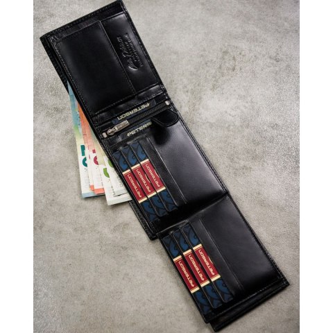 Zestaw prezentowy: skórzany portfel męski w czarnym kolorze z systemem RFID i pasek ze skóry ekologicznej - Peterson