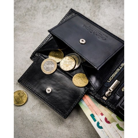 Zestaw prezentowy: skórzany portfel męski w czarnym kolorze z systemem RFID i pasek ze skóry ekologicznej - Peterson