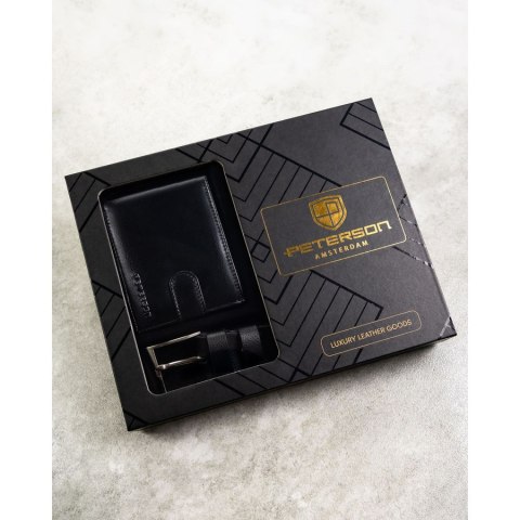 Zestaw prezentowy: skórzany portfel męski w czarnym kolorze z systemem RFID i pasek ze skóry ekologicznej - Peterson