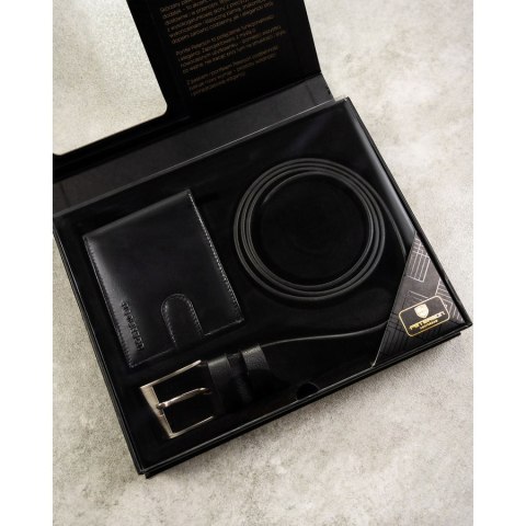 Zestaw prezentowy: skórzany portfel męski w czarnym kolorze z systemem RFID i pasek ze skóry ekologicznej - Peterson