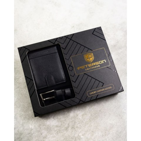 Zestaw prezentowy: skórzany portfel męski w czarnym kolorze zapinany zatrzaskiem i czarny pasek ze skóry ekologicznej - Peterson