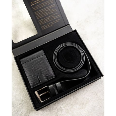 Zestaw prezentowy: skórzany portfel męski w czarnym kolorze zapinany zatrzaskiem i czarny pasek ze skóry ekologicznej - Peterson