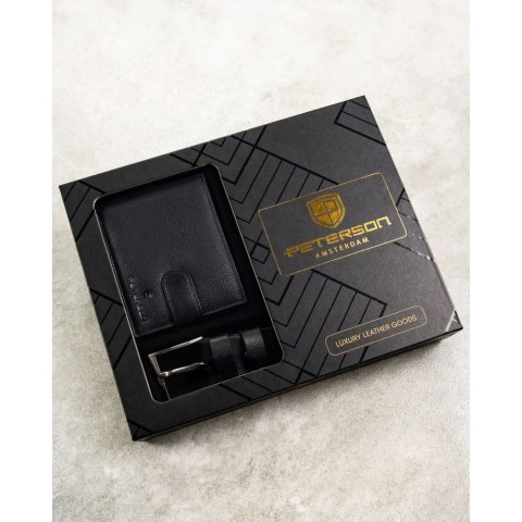 Zestaw prezentowy: skórzany, poziomy portfel męski w czarnym kolorze z systemem RFID i pasek ze skóry ekologicznej - Peterson