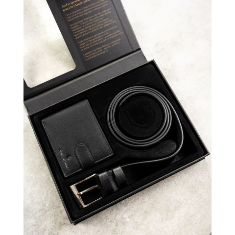 Zestaw prezentowy: skórzany, poziomy portfel męski w czarnym kolorze z systemem RFID i pasek ze skóry ekologicznej - Peterson