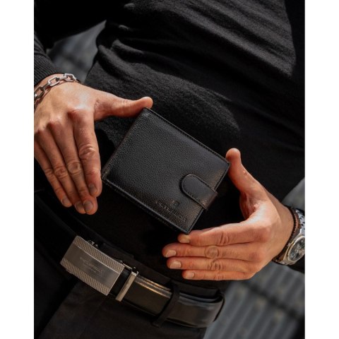 Zestaw prezentowy: skórzany, poziomy portfel męski w czarnym kolorze z systemem RFID i pasek ze skóry ekologicznej - Peterson