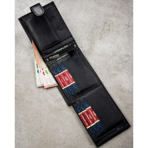 Zestaw prezentowy: skórzany, poziomy portfel męski w czarnym kolorze z systemem RFID i pasek ze skóry ekologicznej - Peterson