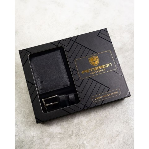 Zestaw prezentowy: skórzany, poziomy portfel męski w czarnym kolorze z systemem RFID i pasek ze skóry ekologicznej - Peterson