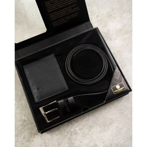 Zestaw prezentowy: skórzany, poziomy portfel męski w czarnym kolorze z systemem RFID i pasek ze skóry ekologicznej - Peterson