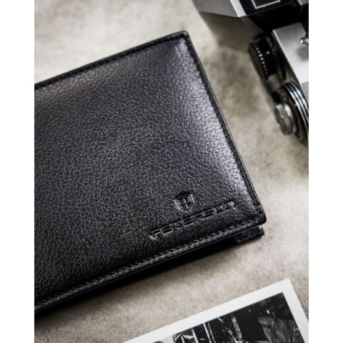 Zestaw prezentowy: skórzany, poziomy portfel męski w czarnym kolorze z systemem RFID i pasek ze skóry ekologicznej - Peterson