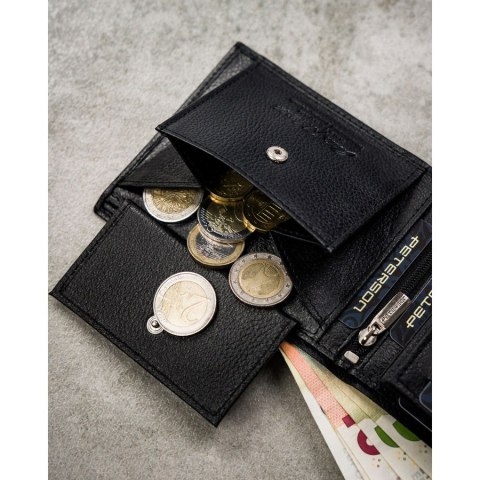 Zestaw prezentowy: skórzany, poziomy portfel męski w czarnym kolorze z systemem RFID i pasek ze skóry ekologicznej - Peterson