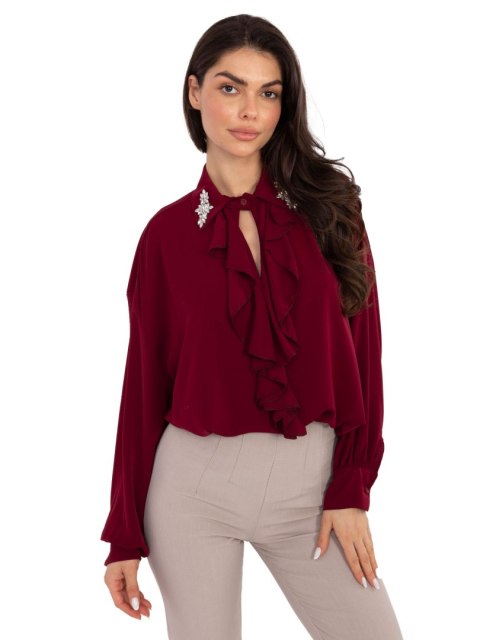 Bordowa elegancka bluzka z żabotem i ozdobnym kołnierzem RED LINE