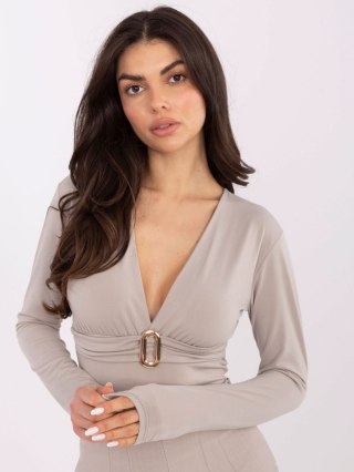 Beżowe eleganckie body z głębokim dekoltem V i klamrą one size