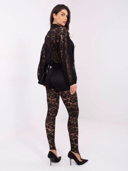 Czarne koronkowe legginsy eleganckie z zakładką na palec one size