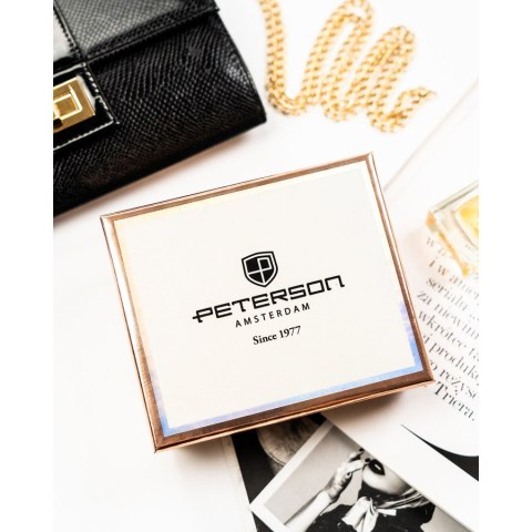 Beżowy portfel damski ze skóry ekologicznej z tłoczeniem na wzór skóry krokodyla, zamykany na zatrzask i suwak - Peterson