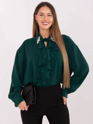 Ciemnozielona elegancka bluzka damska z żabotem i ozdobnym kołnierzem RED LINE