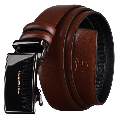 Brązowy, elegancki pasek męski ze skóry naturalnej z automatyczną klamrą - Peterson