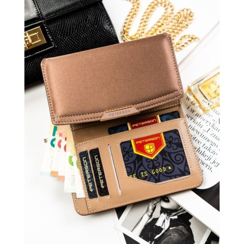 Beżowy portfel damski ze skóry ekologicznej zamykany na zatrzask i suwak - Peterson